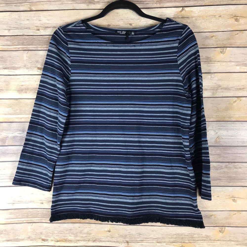 Max Jeans Top Womens S Blue Stripe T-Shirt Cotton Knit Boat Neck Fringe Trim